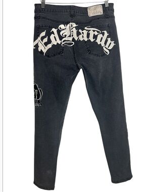 Ed Hardy Dagger Skull Embroidered Black Jeans Size 32